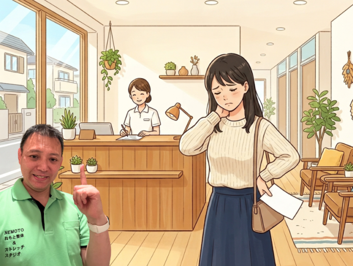 首に手を当てている女性