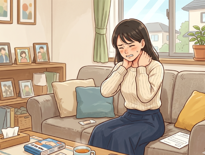 両手で首を抑えている女性
