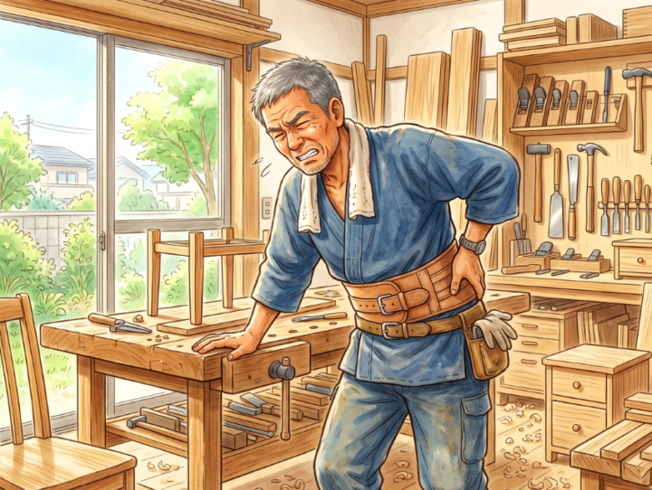 腰に手を当てている60代男性