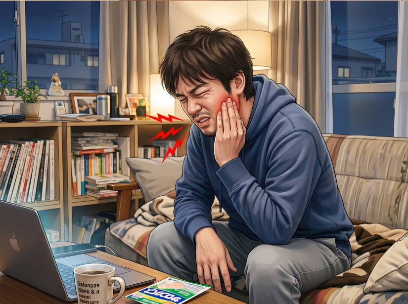 顎を押さえている男性