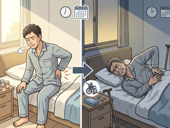 手で腰を抑えている男性