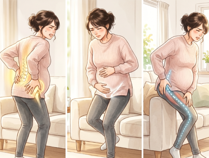 おなかに手を当てている女性