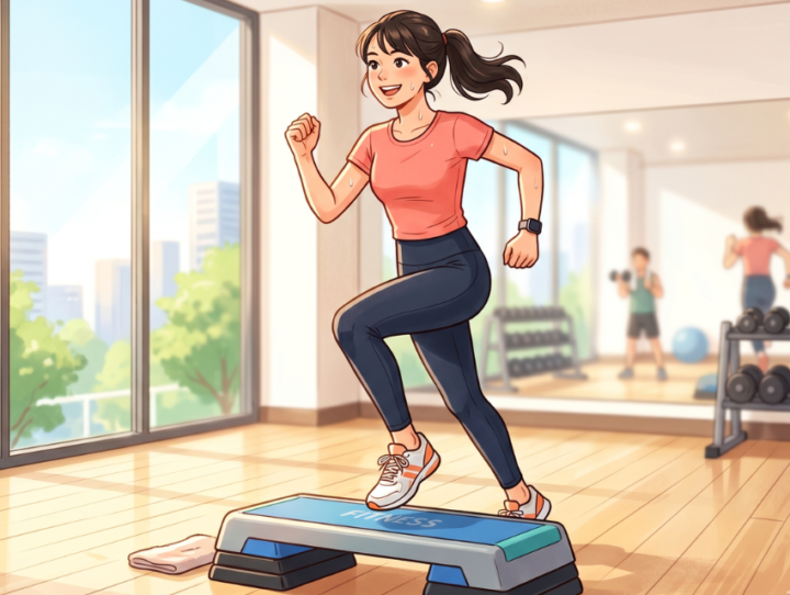 ステップ台で運動している女性