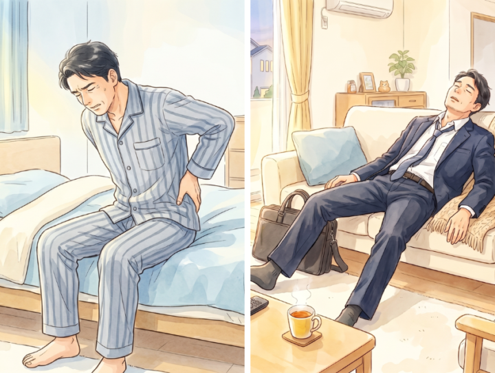 背中に手を当てている男性