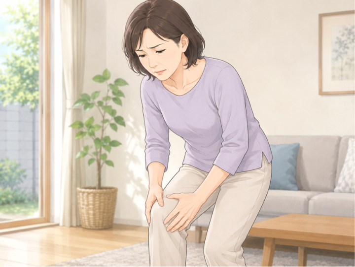膝に手を当てている女性