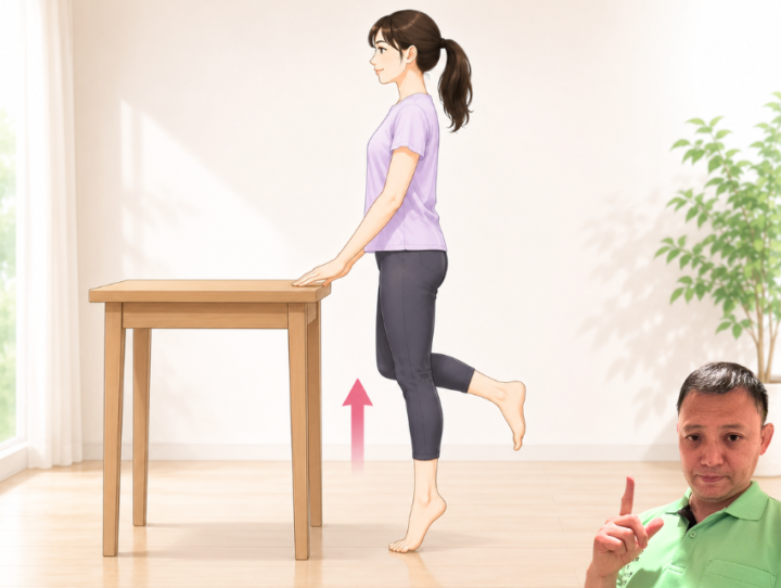 片脚でカーフレイズをしている女性