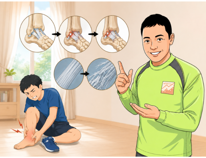 足首に手を当てている男性