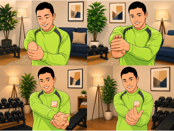 4方向で手首ストレッチをしている男性