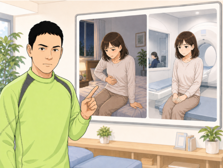 レントゲン室で座っている女性