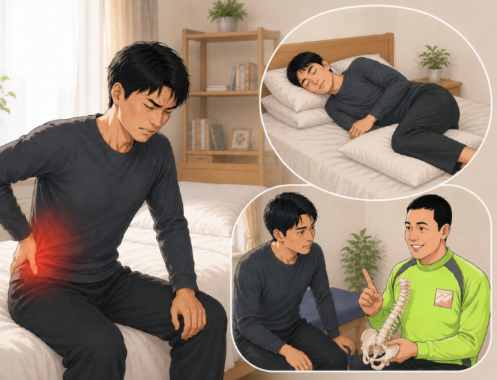 腰に手を当てている男性