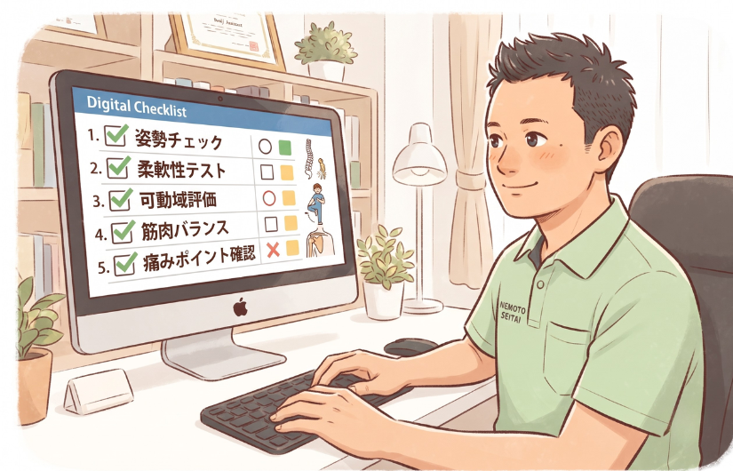 パソコンを触っている整体の先生