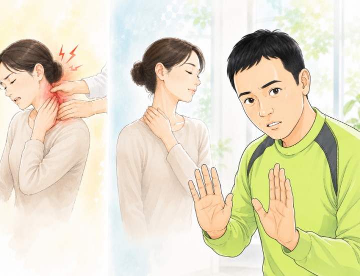 首に手を当てている女性