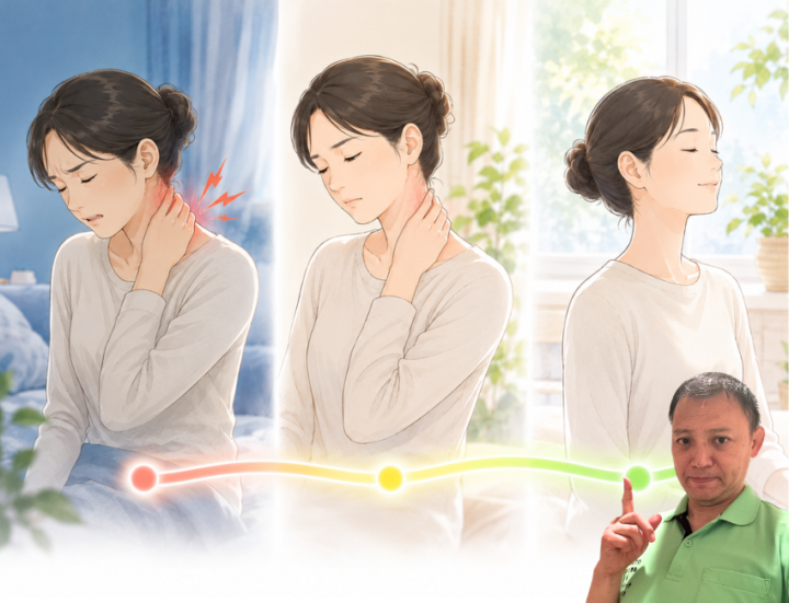 首に手を当てている女性