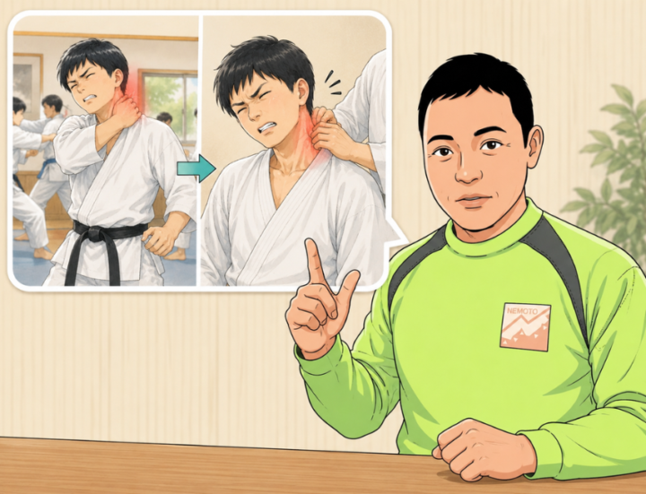 首に手を当てている男性