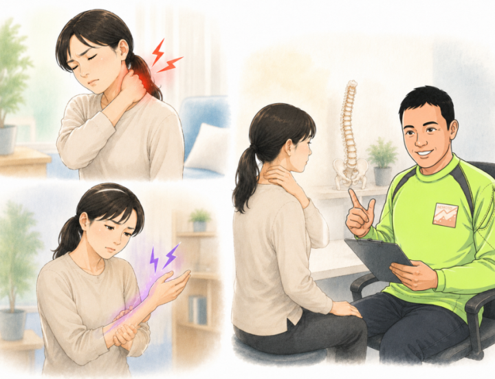 首に手を当てている女性