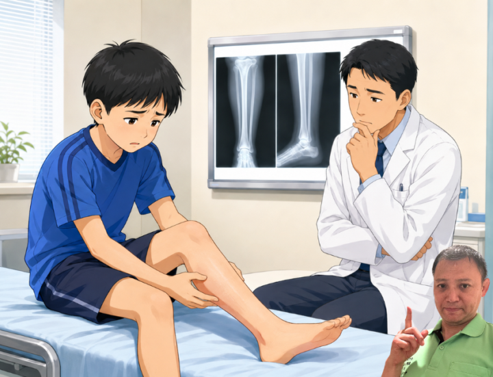 足に手を当てている男性
