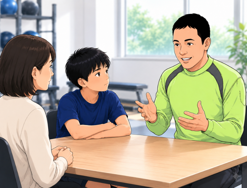 親子に話をしている男性