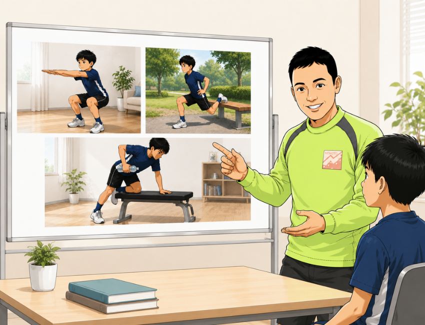 子供にトレーニングの説明をしている男性