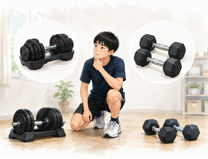 ダンベルを見ている男性