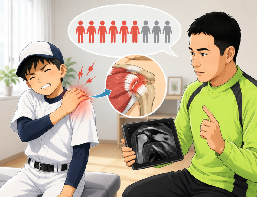 肩に手を当てている男性