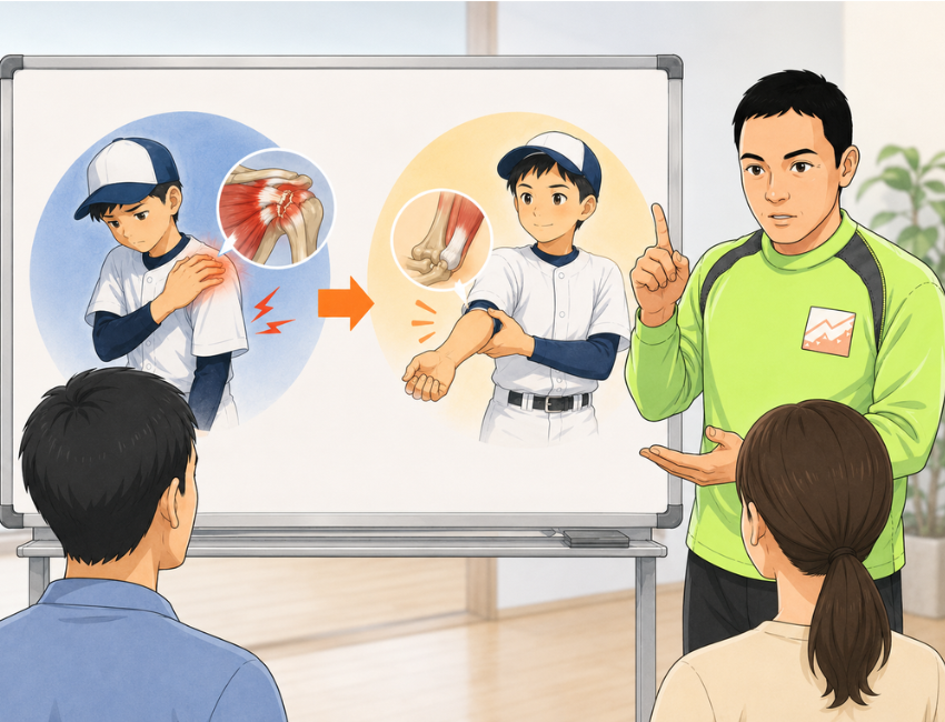 肩と肘に手を当てている男性