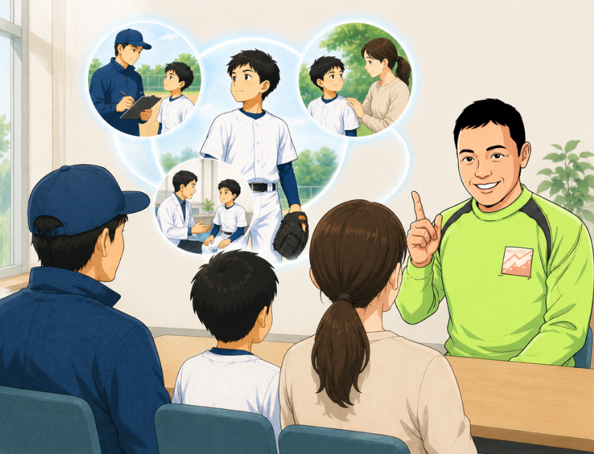 親子と指導者に説明している男性