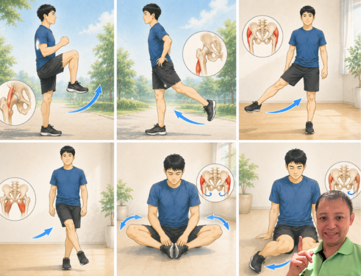 股関節を動かしている男性
