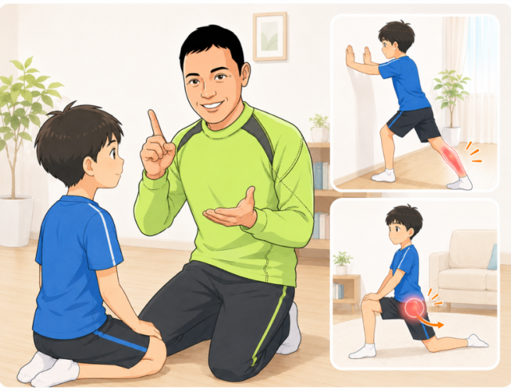 股関節とふくらはぎのストレッチをしている男性