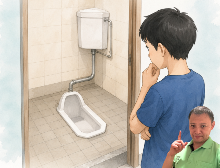 和式トイレを見ている男性