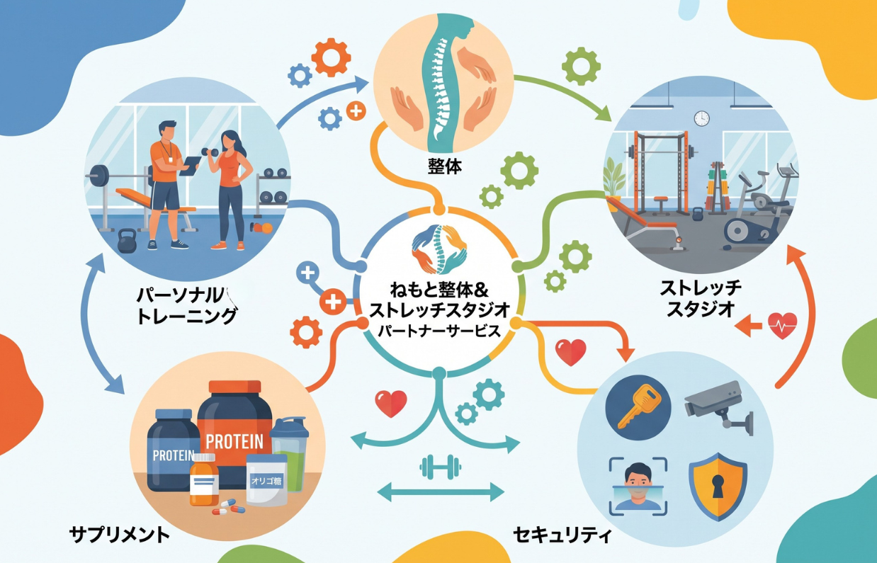 ねもと整体&ストレッチスタジオの提携サービス一覧|エニタイムフィットネス・ライフカード・サプリメント