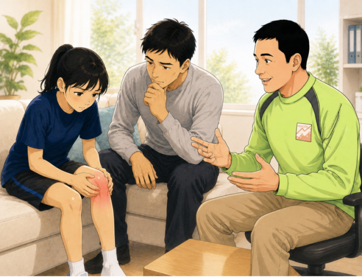 膝に手を当てている女性