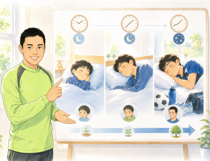 睡眠時間について説明をしている男性