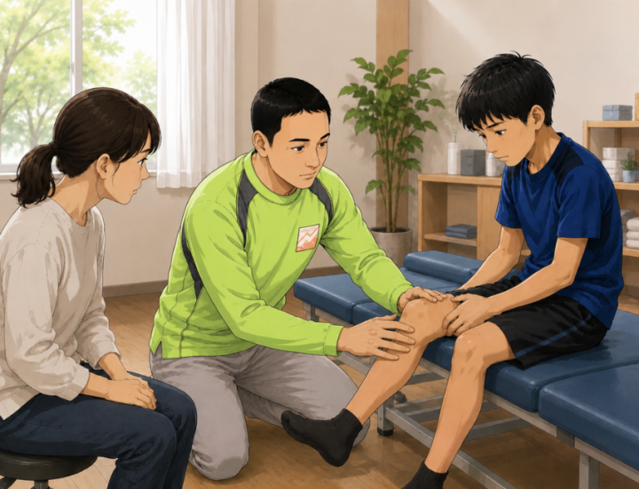 膝に手を当てている男性