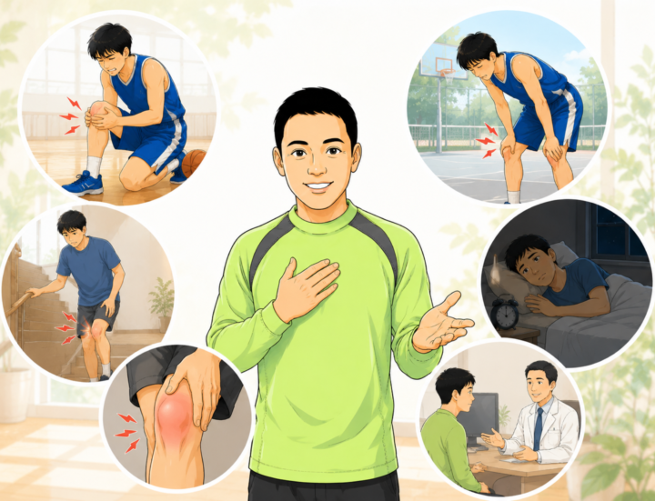 膝に手を当てている男性