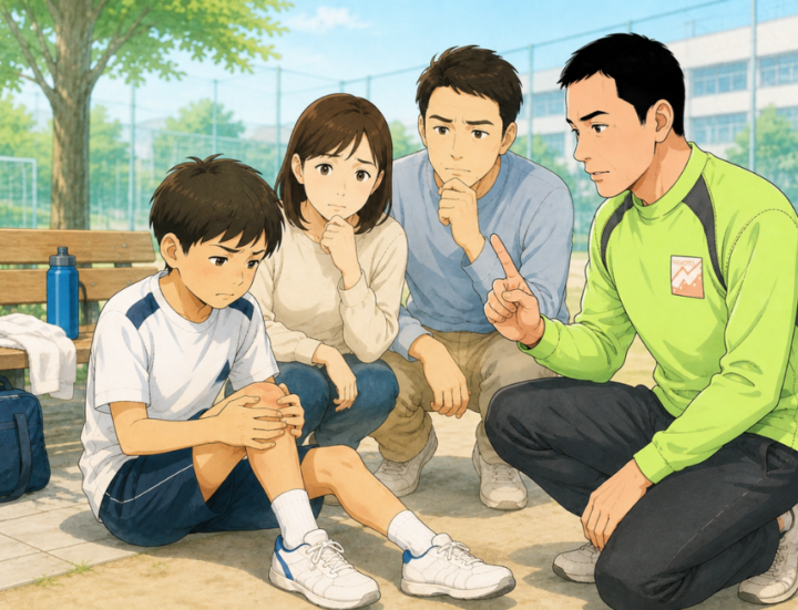 膝に手を当てている男性