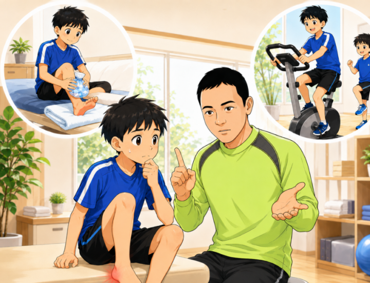 座って説明を聞いている男性