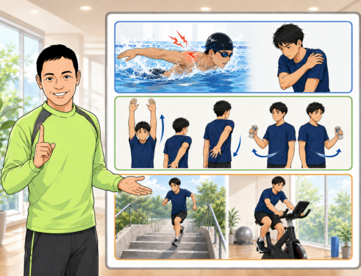 肩に手を当てている男性