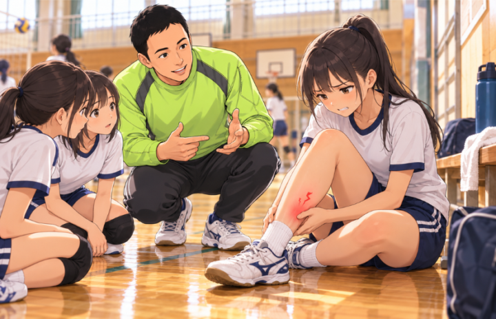 スネに手を当てている女性