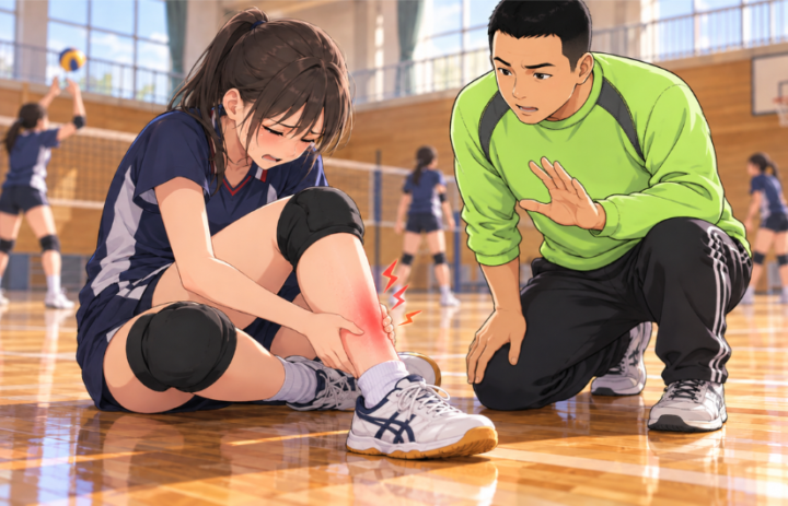 スネに手を当てている女性