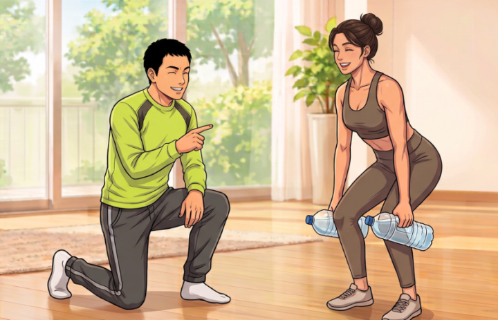 女性がペットボトルを持ってデッドリフトを行っている