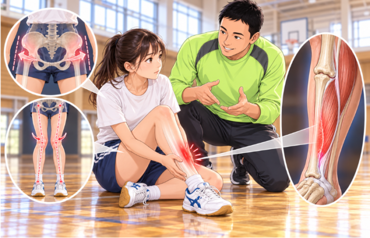 スネに手を当てている女性