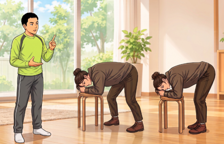 女性がストレッチをしている。先生が指導