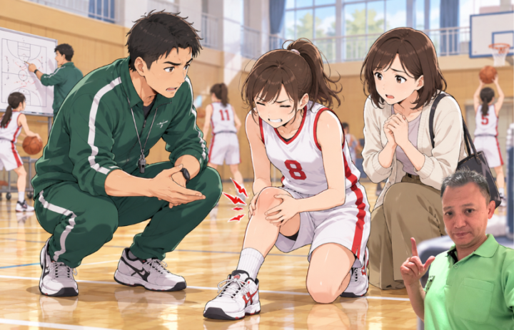 膝に手を当てている男性