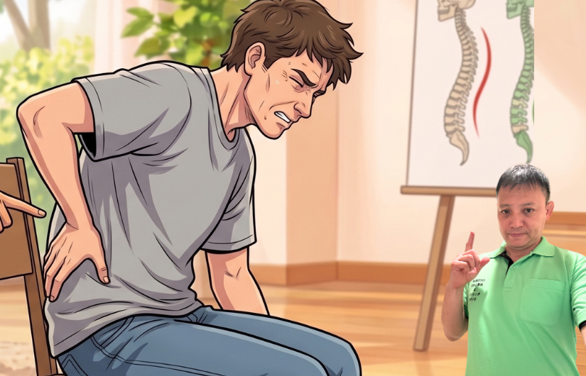 腰を痛そうにしている男性