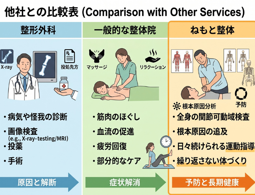 整形外科・整体院・ねもと整体の比較表。