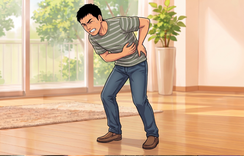 腰を抑えている男性