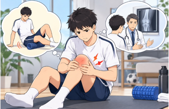 膝に手を当てている男性