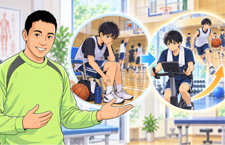 ふくらはぎに手を当てている男性