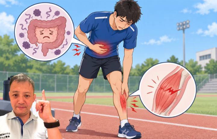 お腹に手を当てている男性