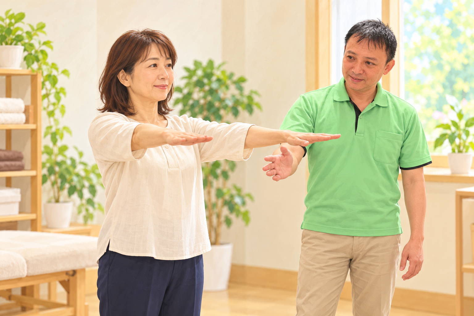 両腕を前に上げる女性のそばで、先生が動きを確認しているイラスト